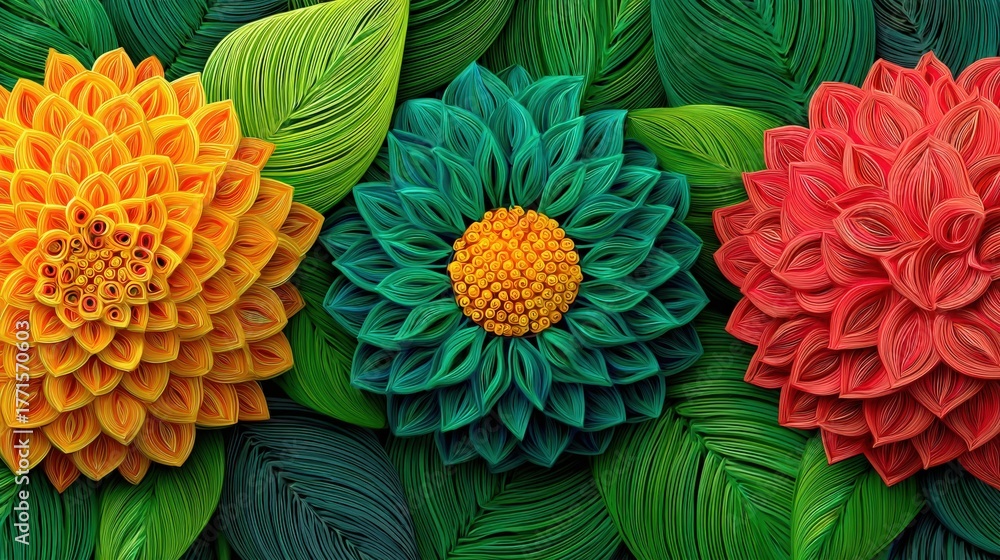 Three vibrant paper flowers display yellow, green, and red petals amidst rich green leaves. This decorative piece adds a lively touch, perfect for enhancing any interior space.