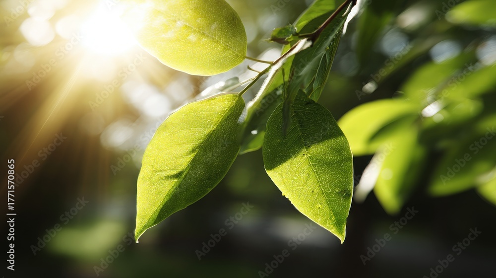 Fresh green leaves glimmer in sunlight, showcasing dewdrops on their surface. This tranquil scene captures natures beauty in the morning light, creating a peaceful atmosphere.