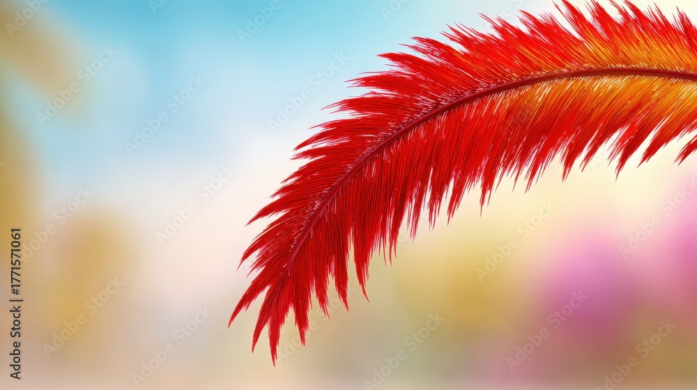 A vivid red feather is shown in detail, showcasing its fine texture and striking color. The soft, blurred background hints at a natural setting, enhancing the feathers beauty and elegance.