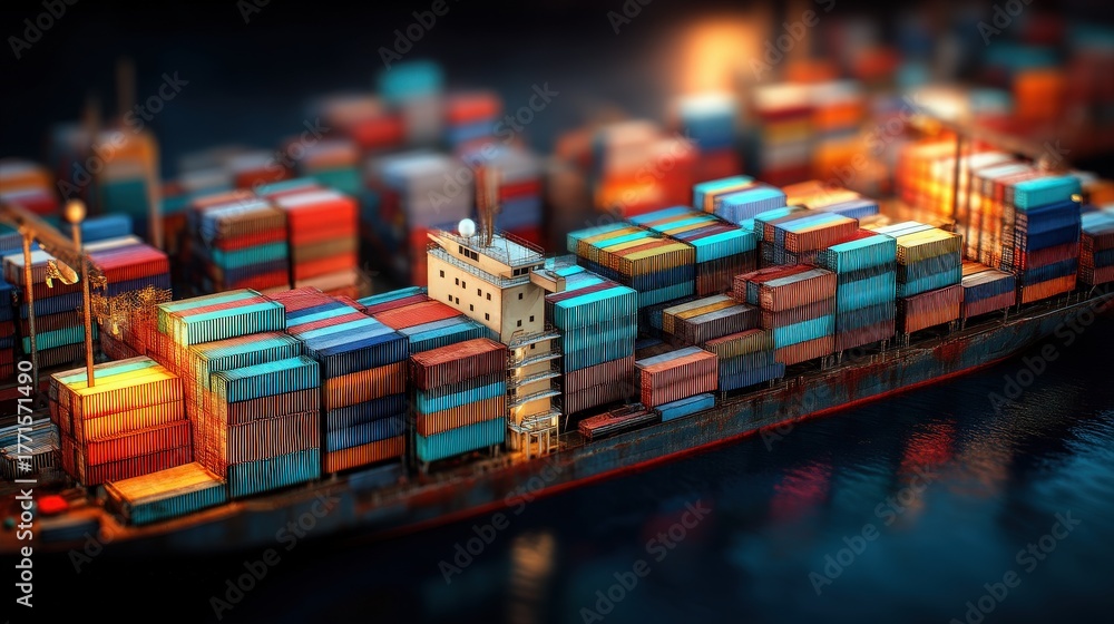 A cargo ship sits at the harbor filled with brightly colored containers. The scene captures the busy atmosphere of shipping activity during the tranquil twilight hours, reflecting lights on the water.