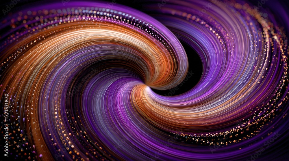 Vivid colors blend in a swirling pattern, creating a mesmerizing abstract design. Shades of purple, orange, and gold intermingle, giving a sense of movement and depth in a dark setting.
