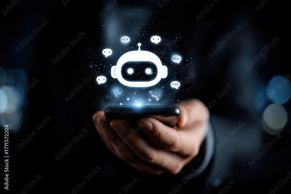 A person holds a smartphone with a bright chatbot icon above it, surrounded by floating message bubbles. The setting is dimly lit, emphasizing the glow from the phone and the chatbot.