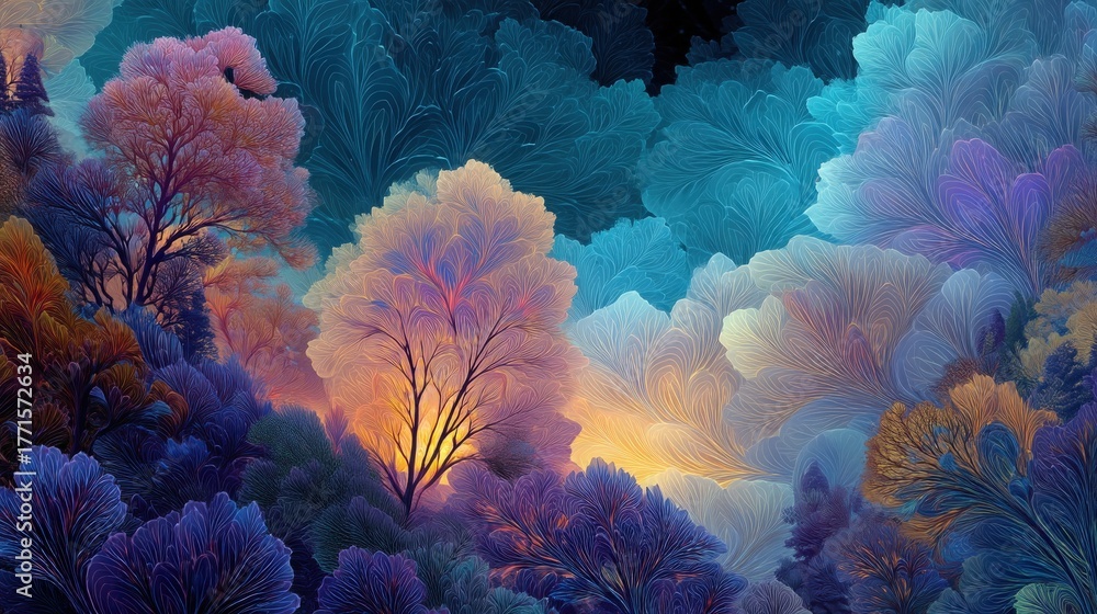 A forest scene bathed in warm sunset colors features trees with intricate, swirling designs. The sky transitions from deep blue to soft orange, creating a magical and serene atmosphere.