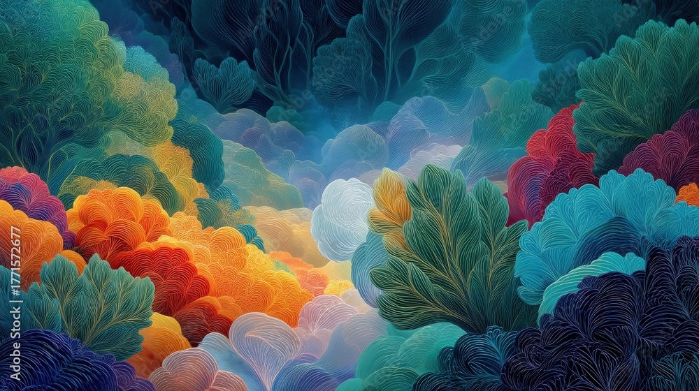 This vibrant scene features swirling colors and abstract shapes that create a magical underwater world.