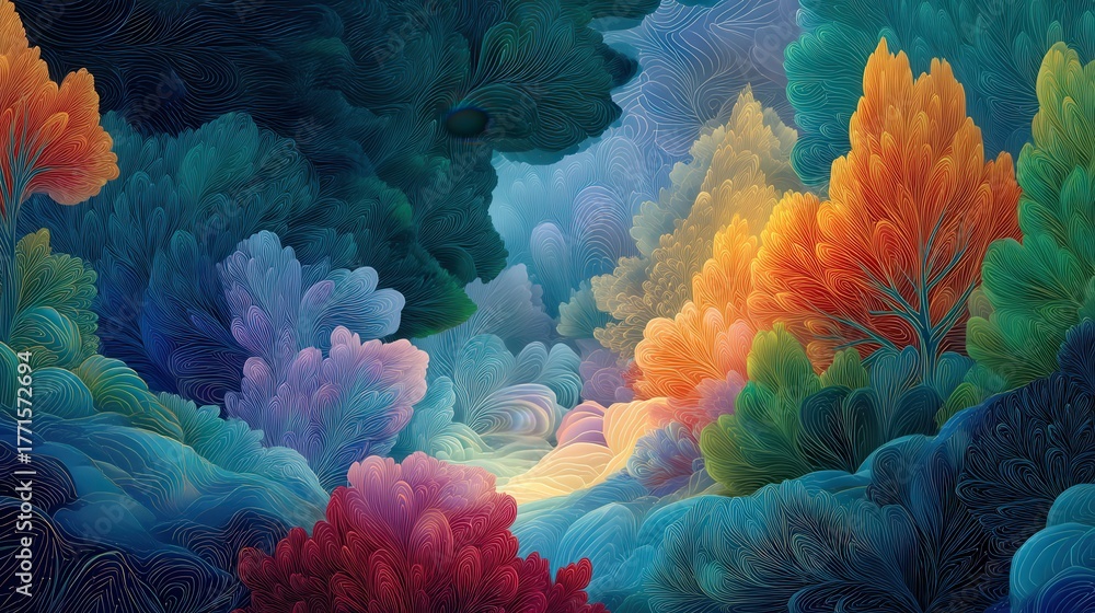 A serene scene shows a fantastical landscape with dynamic, swirling trees and lush foliage in various bright colors. The setting suggests twilight, creating a vibrant yet calm atmosphere.