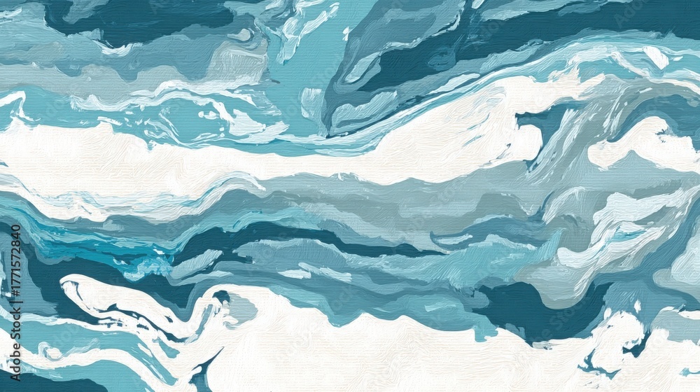 Swirling patterns of blue and white blend together to create a tranquil scene reminiscent of ocean waves. The gentle curves evoke feelings of calm and serenity.