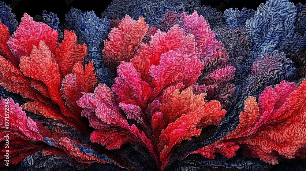 This artwork showcases a stunning array of coral-like shapes in vibrant red and pink shades. The intricate patterns and textures create a mesmerizing visual effect against a deep black background.