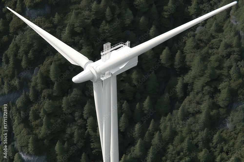 A large wind turbine towers over a thick green forest, symbolizing renewable energy in harmony with nature.