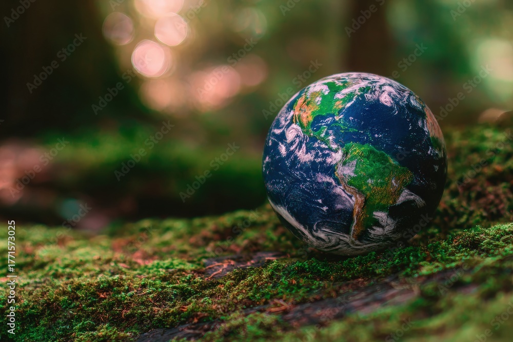 A vibrant globe rests on soft, green moss in a serene forest. The sunlight filters through the trees, creating a calm atmosphere. Nature surrounds the globe, highlighting the beauty of Earth.