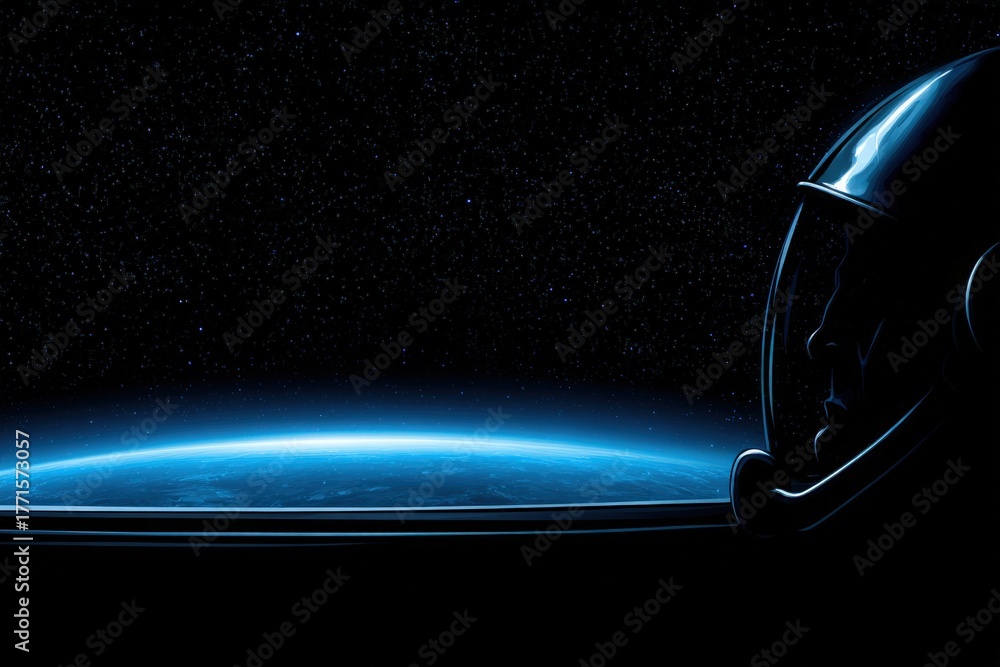 An astronaut in a helmet looks out at Earth from a spacecraft, witnessing the stunning blue curve of the planet against the infinite dark of space. The scene captures a moment of awe and reflection.