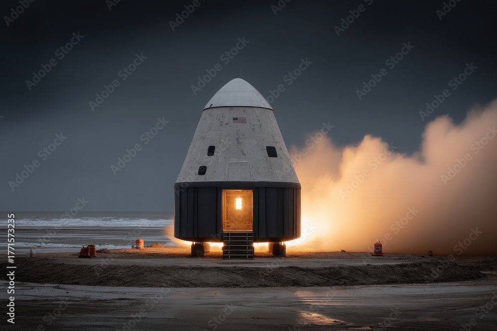 A rocket launches from a sandy beach at twilight, surrounded by smoke and flames. The ocean waves lap at the shore, creating a dramatic scene against a darkening sky.