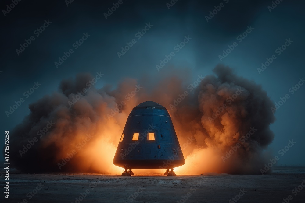 A capsule lands on the ground, surrounded by thick clouds of smoke and bright flames. The scene occurs during a night time event, highlighting the power of the landing process.