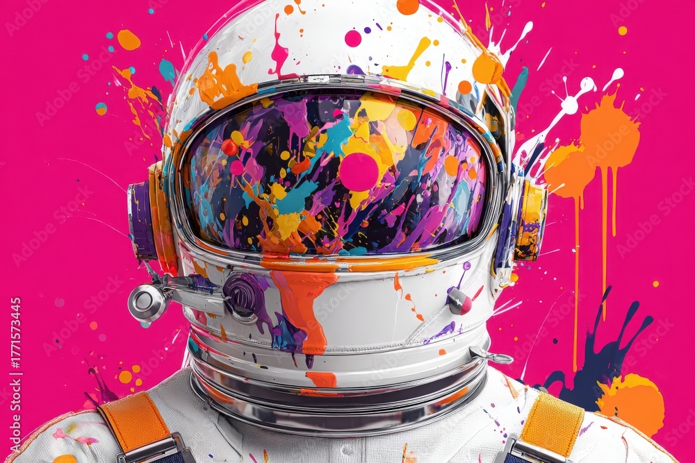 An astronaut helmet stands out against a bright pink background, covered in colorful paint splashes.