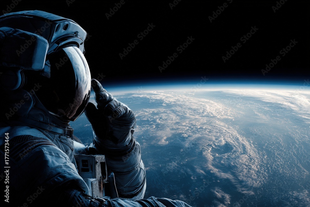 An astronaut floats in the vastness of space, gazing at the Earth below. The blue and white planet is visible against the black backdrop of the universe, showcasing clouds and landforms.