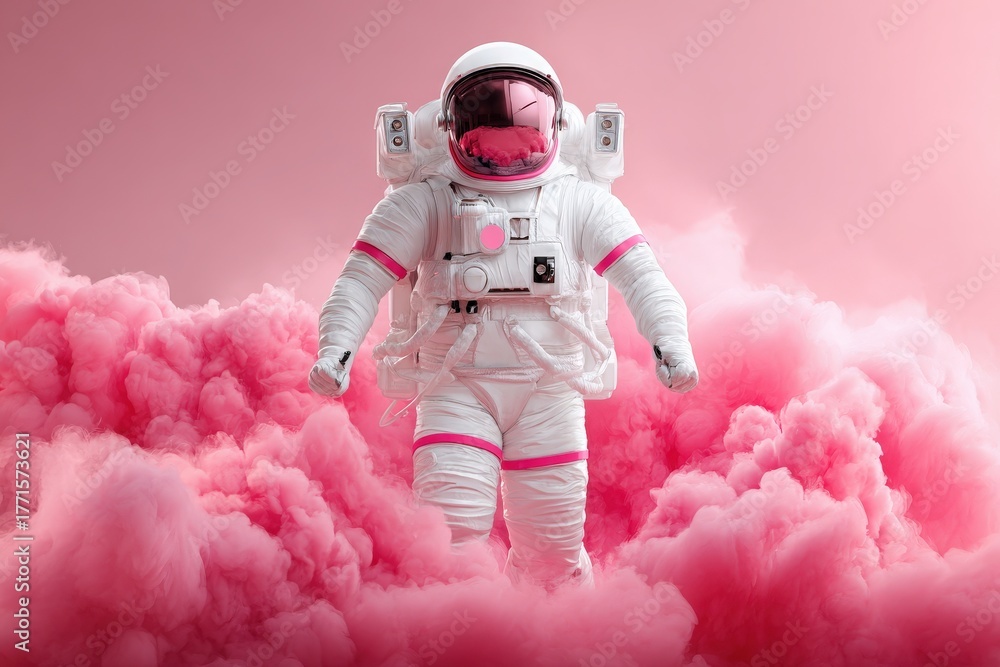 An astronaut in a white suit and helmet walks confidently through vibrant pink clouds, creating a dreamlike atmosphere. The unusual color adds a whimsical feel to the space-themed scene.