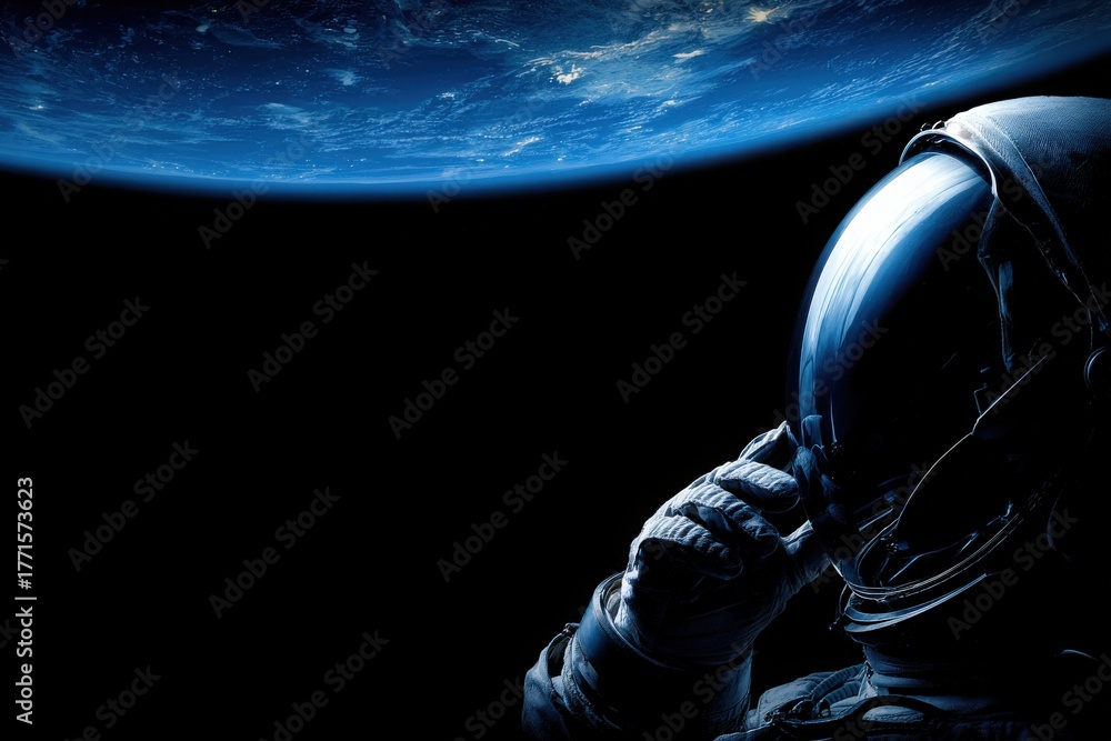 An astronaut in a dark environment gazes at Earth from space. The blue planet shines brightly against the black backdrop, showcasing the vastness of the universe.