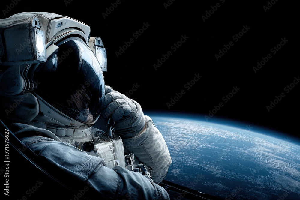 An astronaut in a space suit sits in the darkness of space, looking intently at Earth below. The view shows the planets curves and atmosphere, creating a serene yet awe-inspiring sight.