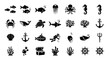 © Steven - Marine life and nautical exploration glyph icon set featuring sea creatures and maritime symbols in a solid black vector design