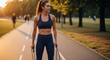 © Ciara - Fit athletic woman in blue sportswear holding jump rope on outdoor jogging path during golden hour in park, healthy lifestyle, fitness training, exercise concept