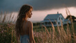 © Kingdola - Contemplation at Dusk: A solitary woman stands in a field of tall grass, gazing towards a distant house, bathed in the soft, diffused light of twilight.