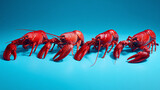 A vibrant group of four red crustaceans stands out against a clean blue background, showcasing vivid contrast & sea-inspired art.