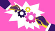 © master1305 - Modern collage. Hands assembling colorful gears on pink background with photocopy texture. Concept of startup innovation, SaaS integration, and efficient workflow in modern organizations.