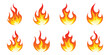 © THETO STUDIO - Cartoon fire flames, flame icons, campfire, Red hot flames campfire, set vector icons. Fire sign. Fire flame icon isolated on white background. Vector illustration