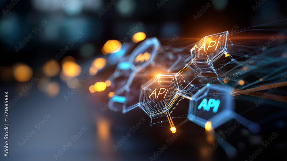 Futuristic digital interface with glowing API icons connected by lines ...
