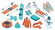 © kilimanjaro  - Winter sports equipment and gear in isometric style featuring skiing, snowboarding, and ice skating