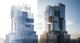 Architectural visualization showing the evolution from blueprint to completed skyscraper