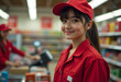 © LUBO - A beautiful young female cashier in a red uniform at a grocery store looks into the camera.