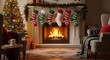 © Abubakar - Cozy Christmas fireplace scene with glowing fire, decorated tree, and festive stockings