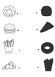 © Resti - Food shadow matching worksheet for preschool. Match each food item to its shadow. Improves observation and logic