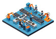 © meeblues - Isometric vector of modern factory with workers assembling products on conveyor belts, robotic arms, and packaging stations, manufacturing and automation theme