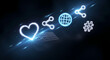 © SentiStock - Modern social media engagement and global connections with heart, share, hashtag, and earth icons glowing above solar panel array for sustainable energy success