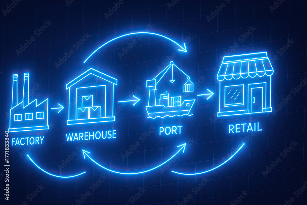 Factory Design Using Arrows Ilustração do Stock Neon schematic of factory warehouse port retail ...