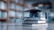 © Nati - Mortarboard on academic books, luminous virtual symbols of study and intellect hovering above, blurred library background