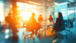 © mozZz - People silhouettes working together in office conference room at sunrise, business strategy teamwork brainstorming