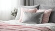 © Johannes - gray and silver cushions lying on a bed with white sheets and pink blanket in feminine bedroom interior no logos no brands ar 169