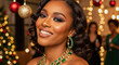 © Evgenii Starkov - Elegant African American woman with glamorous makeup smiling joyfully amidst Christmas decorations, conveying holiday spirit and beauty.