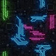 © optimaxonstock - Detailed view of a dark electronic circuit board with vibrant neon green blue and pink light traces