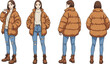 © Olaja Vector Vision - Anime character design, puffer jacket, ripped jeans, front view, side view, back view, fashion reference, casual outfit, manga style, model sheet