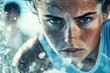 © stockphoto02 - A determined female athlete, face covered in sweat and water, intensely stares forward, showcasing strength, focus, and raw emotion in a challenging environment.