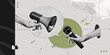 © accogliente - Trendy Halftone Collage Hand holding Megaphone and microphone for media interview and news. Speech bubble messages. Journalist and reporter. Broadcast recording. Vintage retro vector illustration art