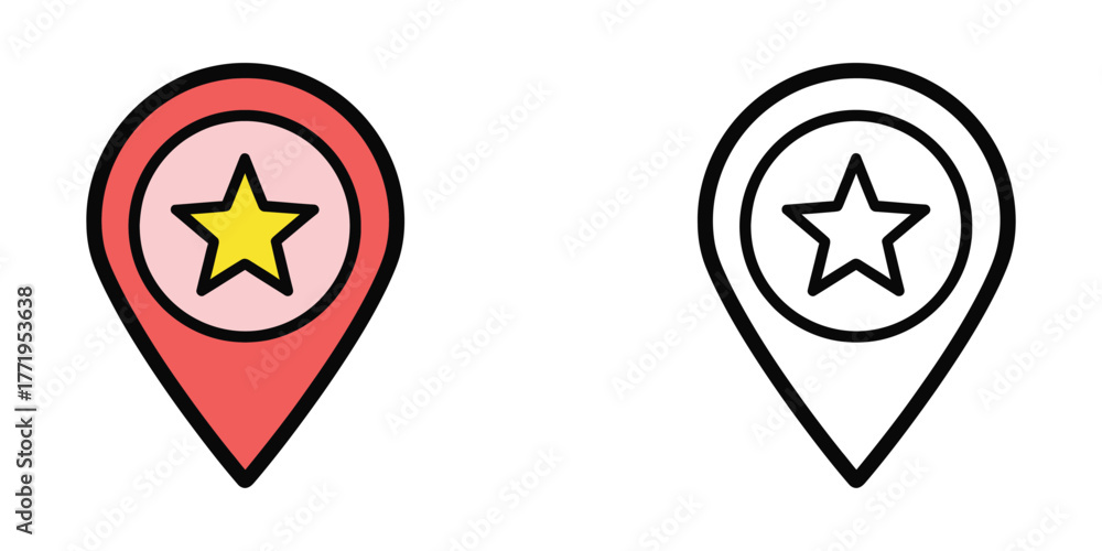 Map Pin Rounded With Star Two map pin icons one red with yellow star one black outline with star ...