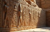Ancient Egyptian relief carving on stone wall depicts figures and hieroglyphs. This art shows pharaohs gods and symbols. The texture is rough with light and shadow.