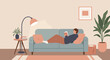 © Yuliya - Young man reading a book while lounging on a sofa indoors