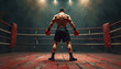 © Vadym - Muscular boxer stands in ring ready to fight. Man wears boxing gloves and shorts. Athlete prepares for competition in sport arena. Fighter ready for battle in darkness.