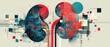 © Fernando - Abstract kidney illustration in red and blue with geometric shapes, showcasing renal health and medical research in a modern, artistic style