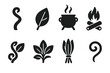 © SanyBRZ - Plant Medicine Icons. Solid style icons of plant medicine representation: Ayahuasca Vine, Chacruna Leaf, Boiling Pot, Firewood